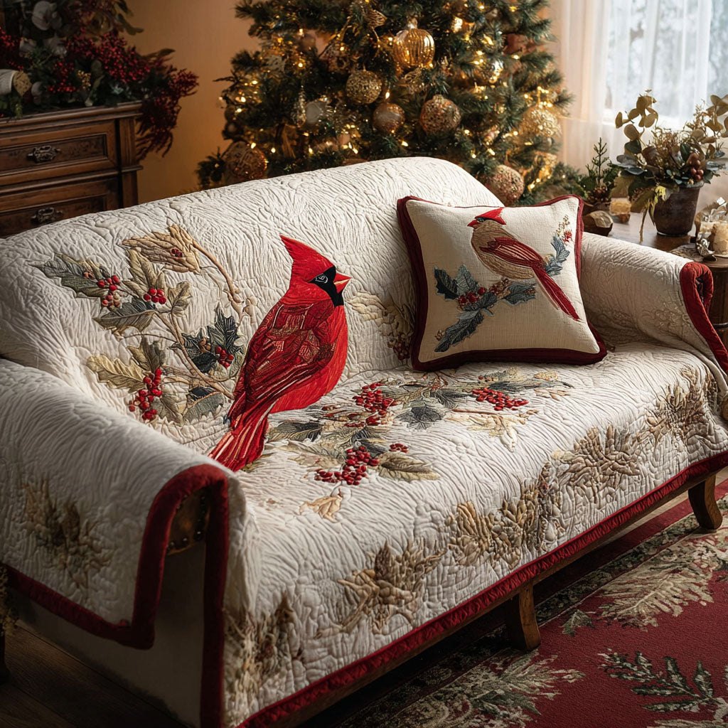 Cardinal on Cream Berry Sprigs Sofa Cover