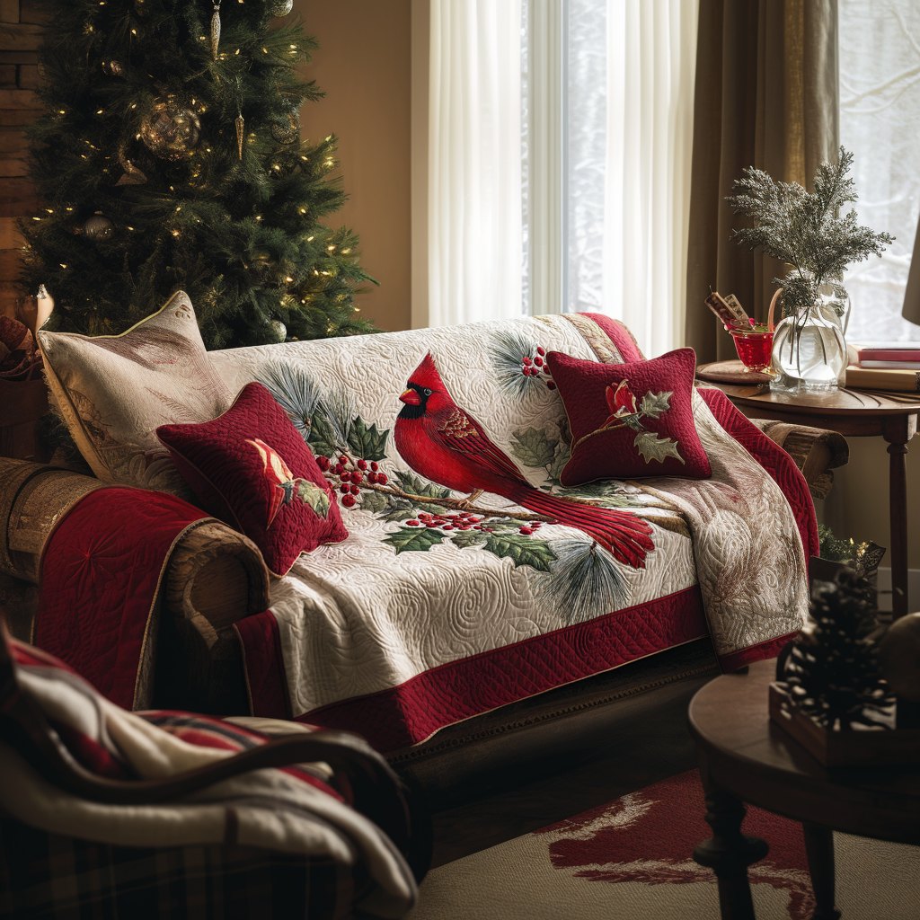 Cardinal with Burgundy Berry Border Sofa Cover