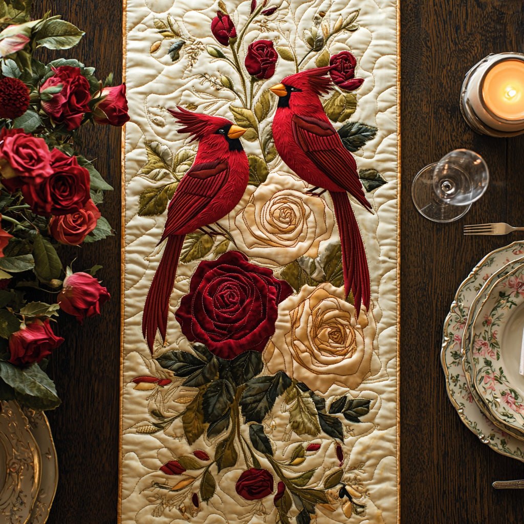Cardinals with Red and Cream Roses Table Runner