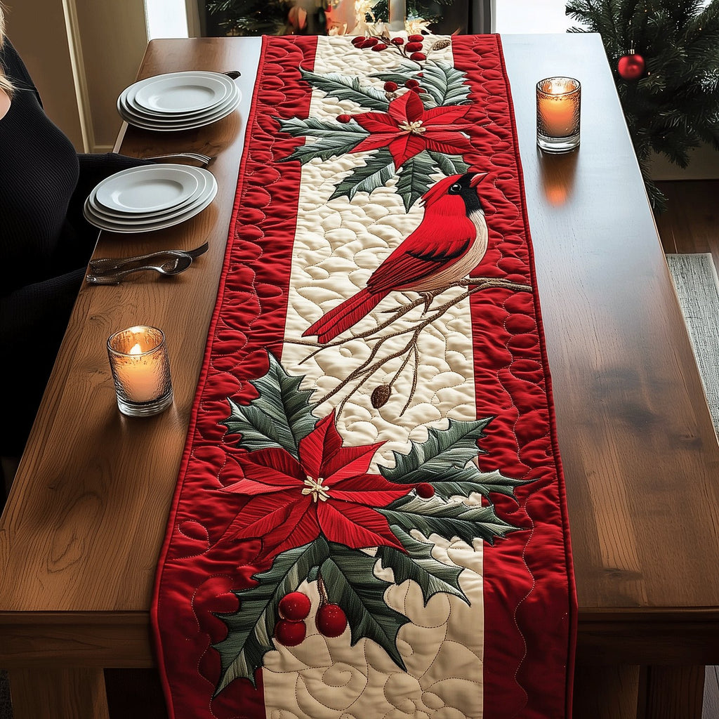 Cardinal with Holly and Poinsettia Stripe Table Runner