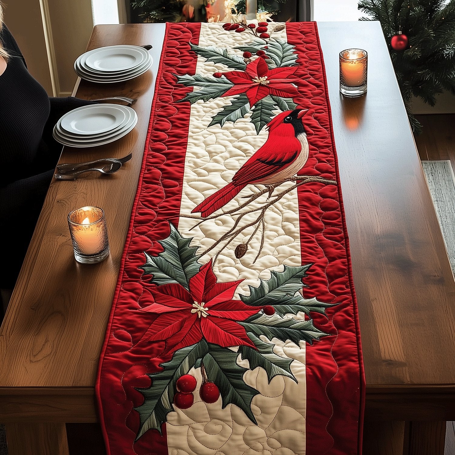 Cardinal with Holly and Poinsettia Stripe Table Runner