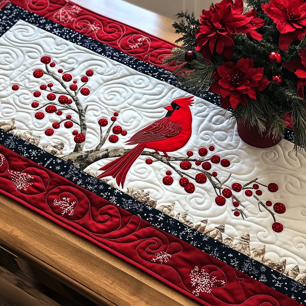 Cardinal on a Red Berry Branch Table Runner