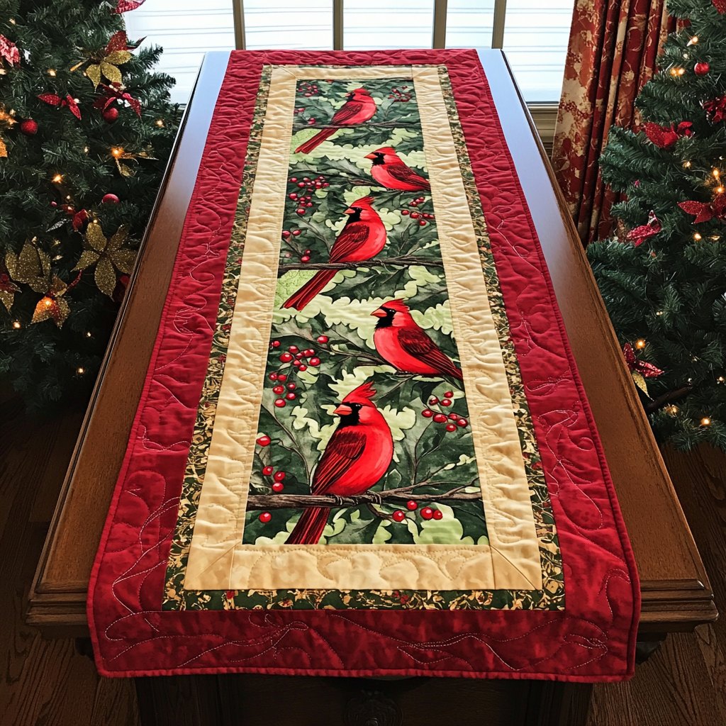 Cardinals on Green with Gold Border Table Runner