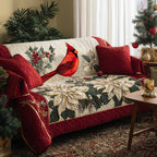 Cardinal on Ivory Poinsettia Garland Sofa Cover