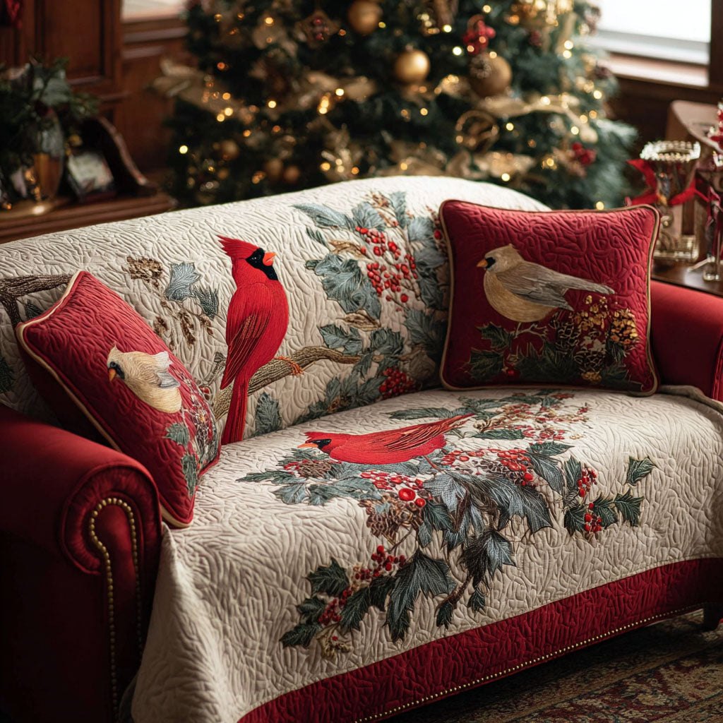 Cardinal and Winter Berry Branches Sofa Cover