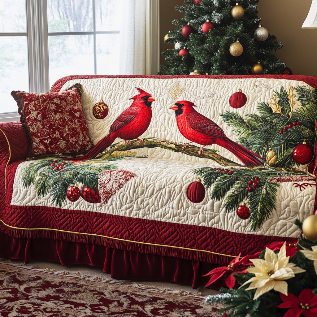 Two Cardinals with Hanging Ornaments Sofa Cover
