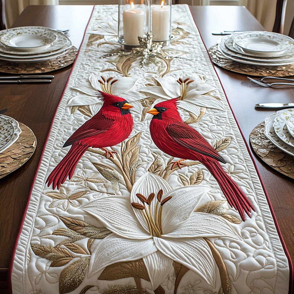 Two Cardinals on Cream Lilies Table Runner