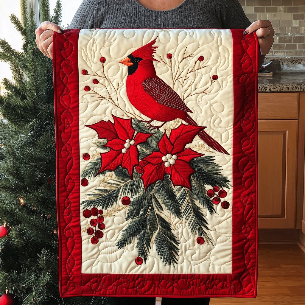 Cardinal Perched on Poinsettia Branch Table Runner