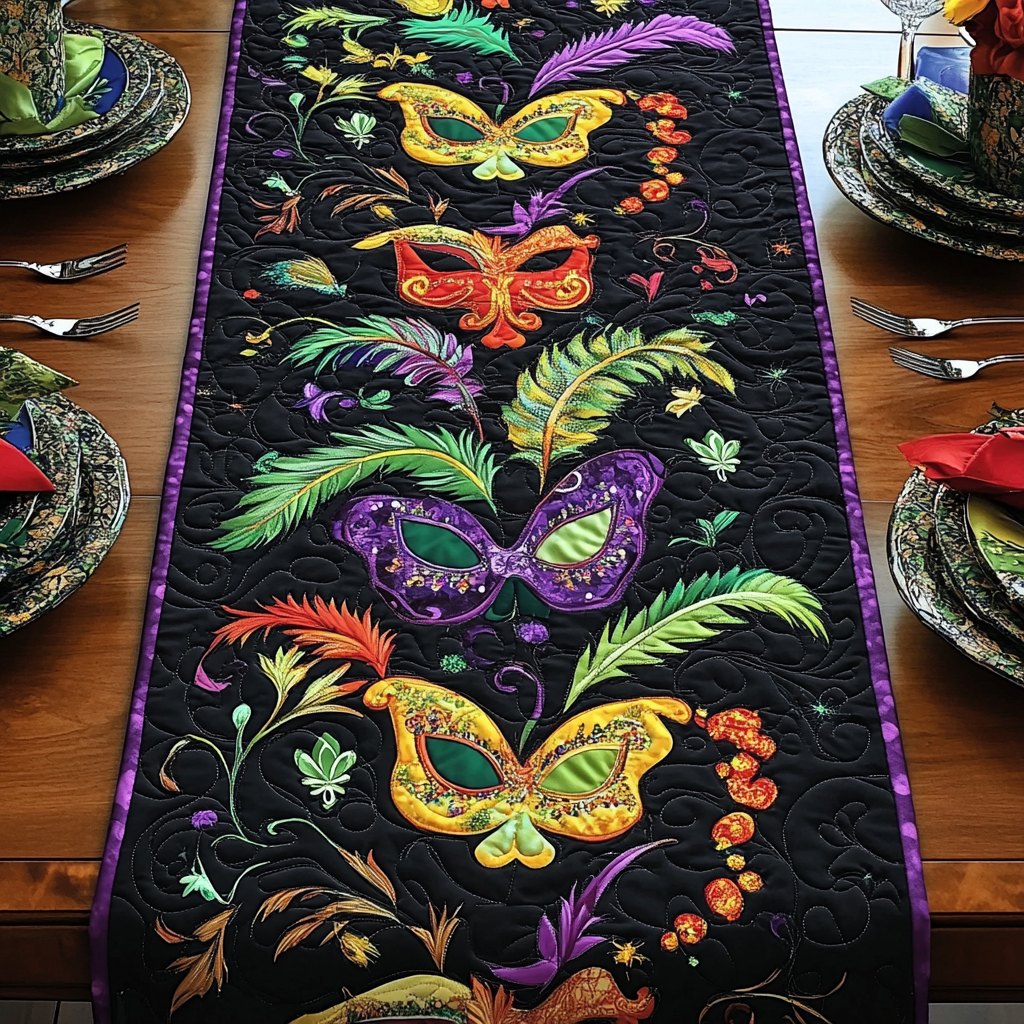 Mardi Gras Masks on Black Table Runner