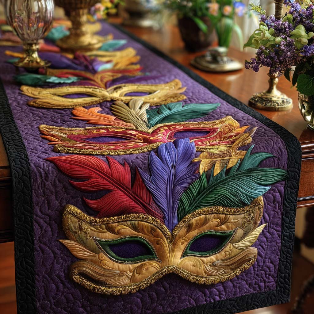 Gold Mask with Purple Feathers Table Runner