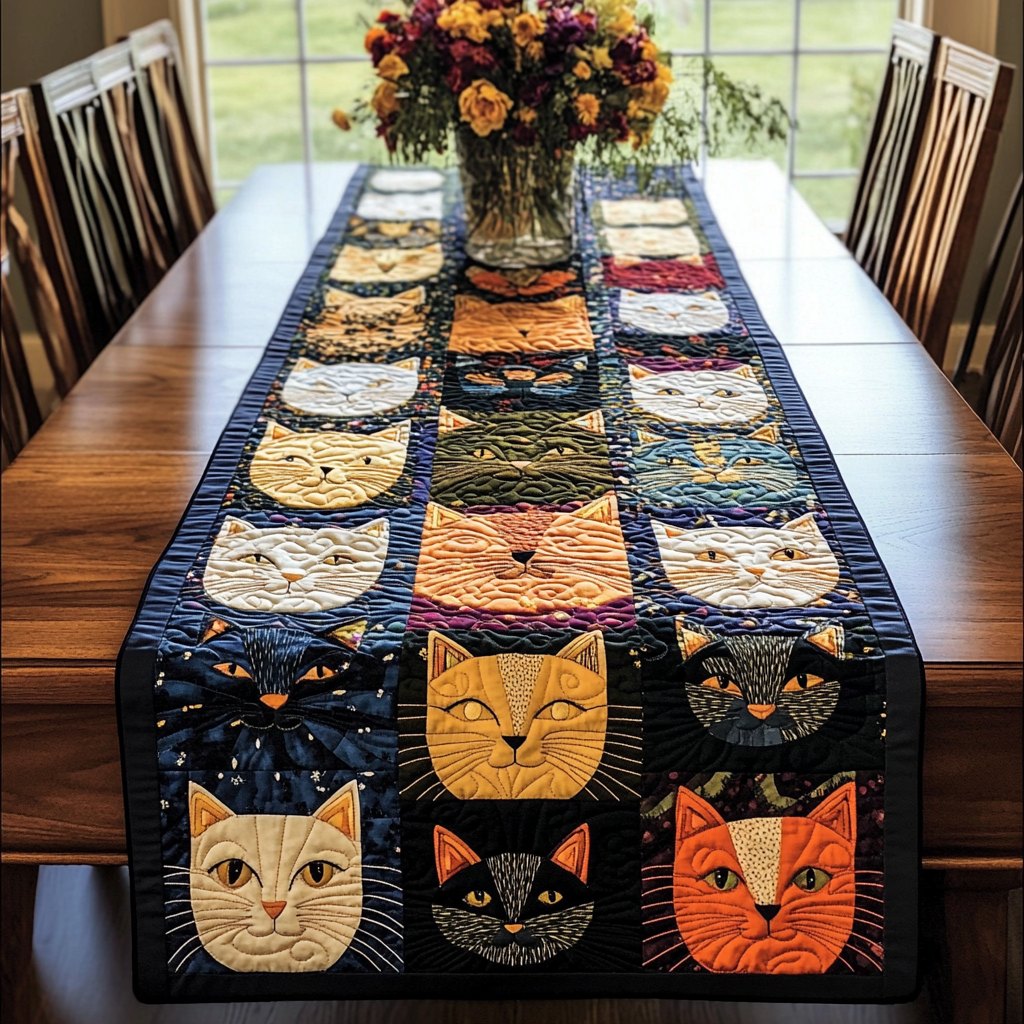 Cat Faces in Colorful Blocks Table Runner