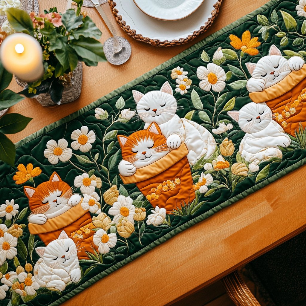 Cats Among White Daisies on Green Table Runner