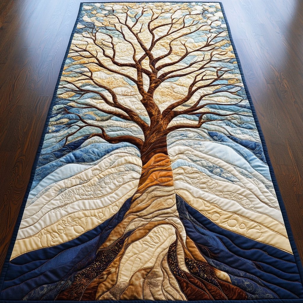 White Tree of Life on Blue Table Runner