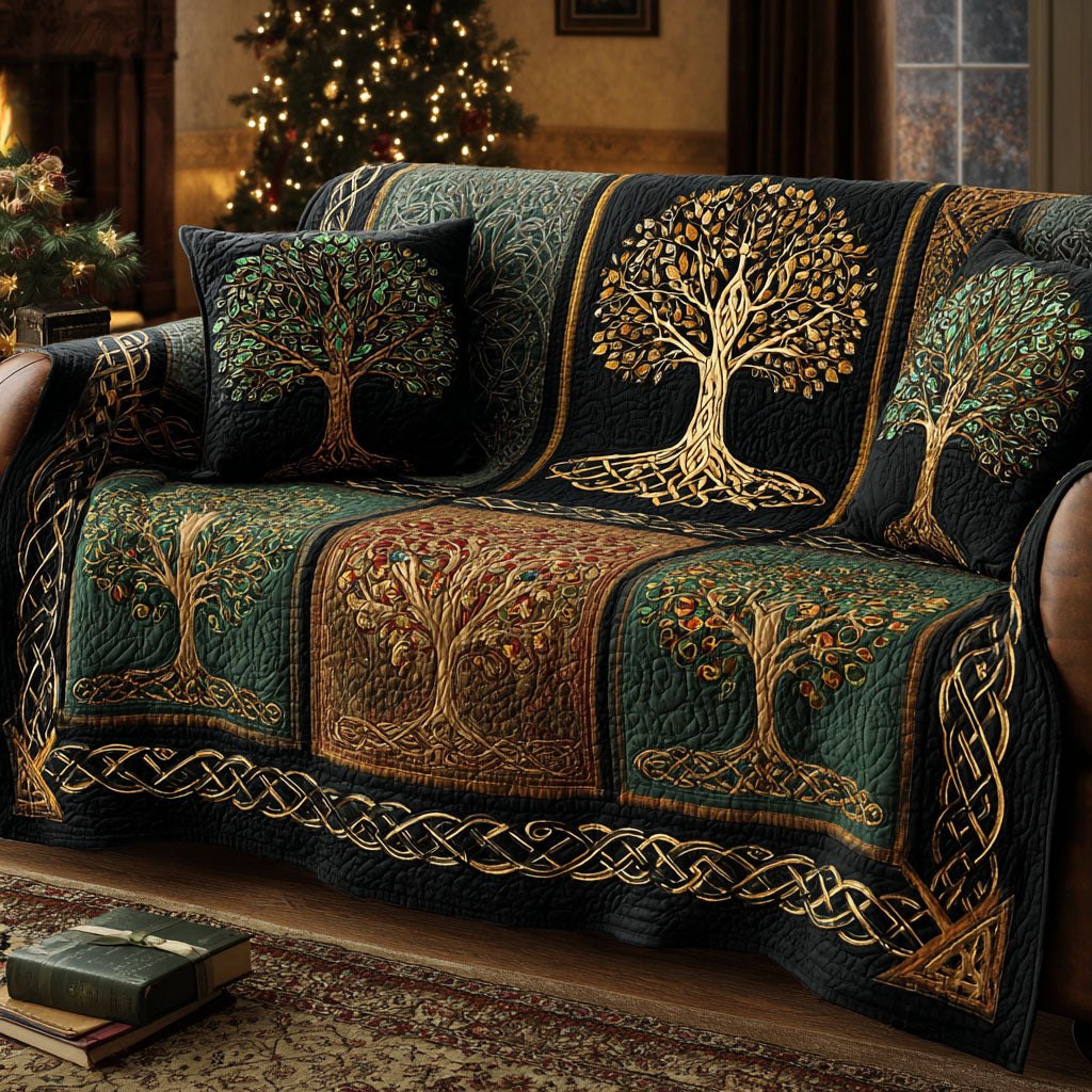 Golden Tree of Life on Emerald Panels Sofa Cover
