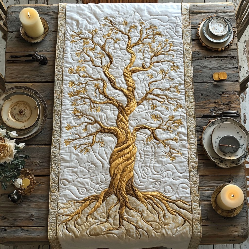 Golden Tree on Ivory Table Runner