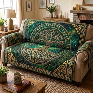 Green Rune Border Tree Sofa Cover - Made to Order