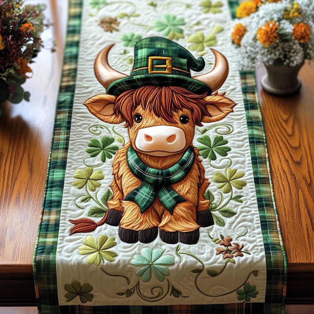 Highland Cow with Shamrocks and Hat Table Runner