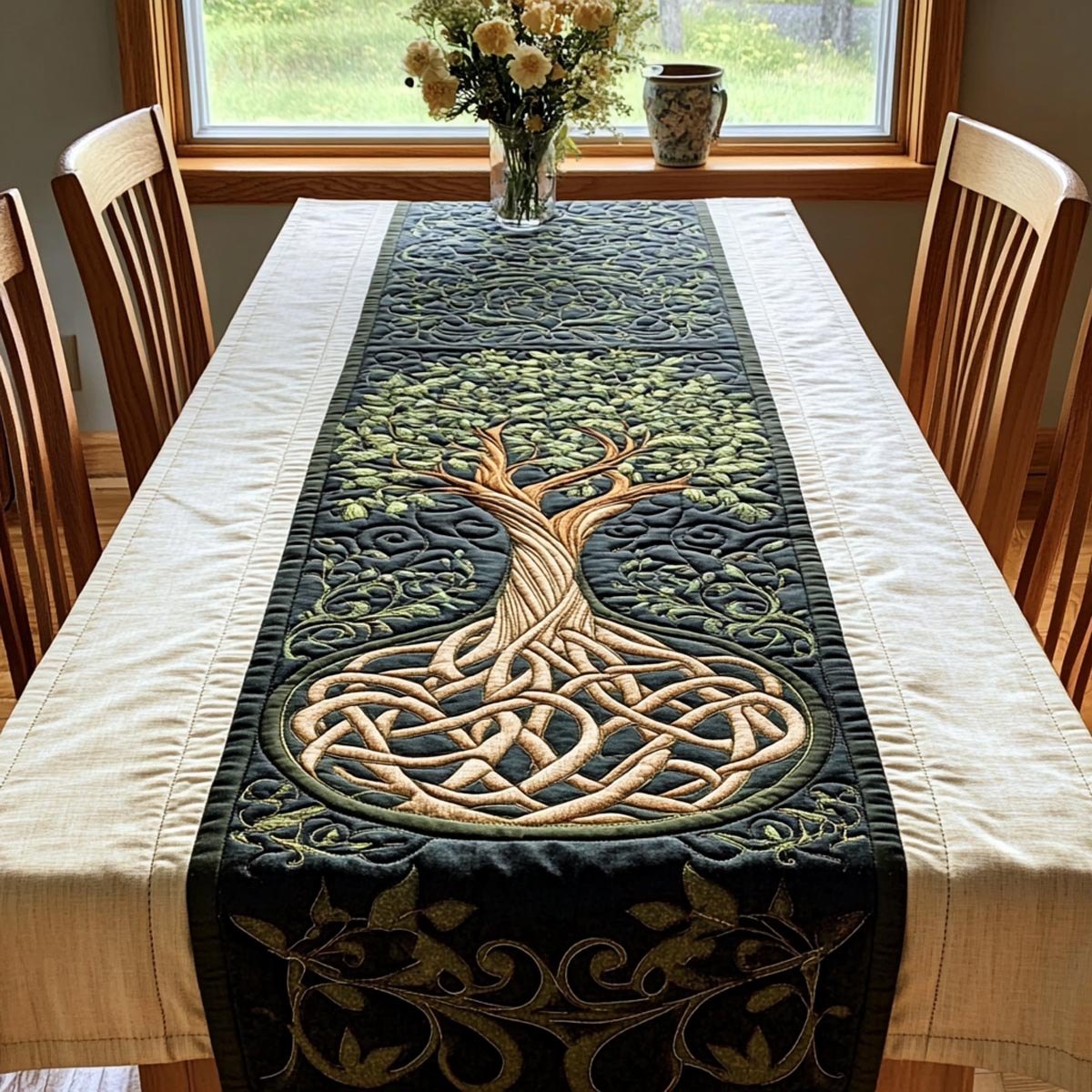 Celtic Knotwork Tree on Black Table Runner