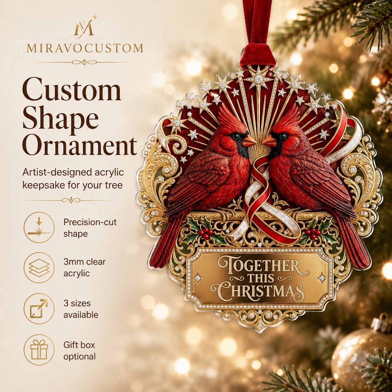 Artist-designed acrylic ornament, cut to shape