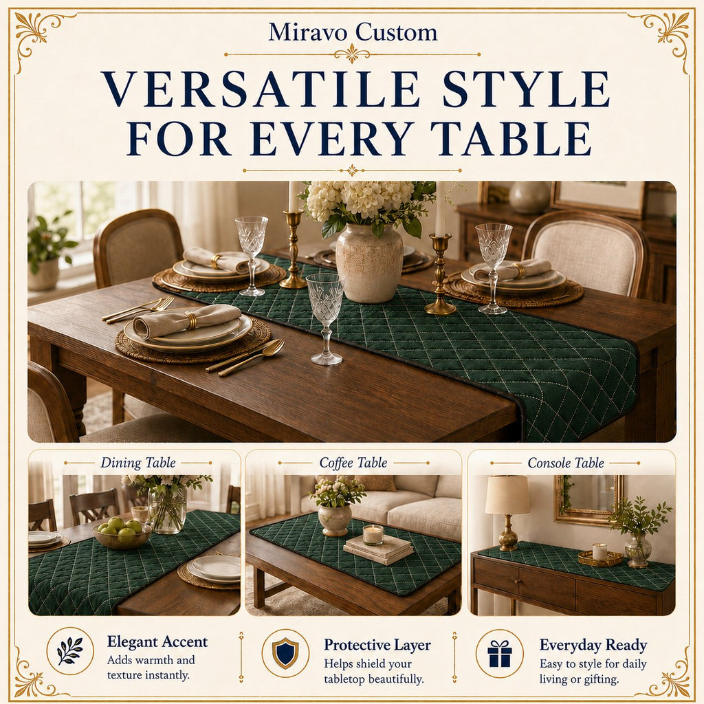 Quilted runner styled on dining, coffee and console tables