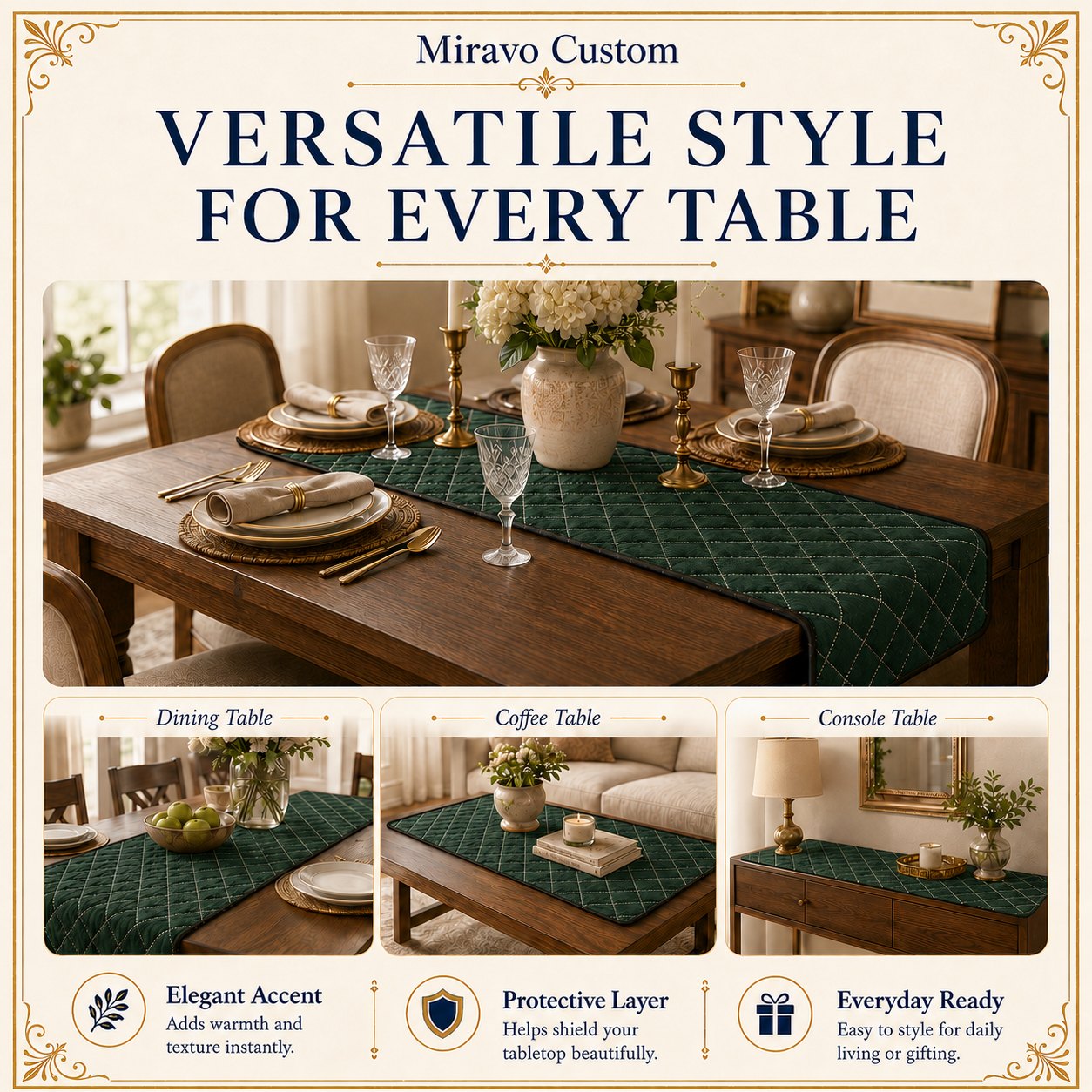 Quilted runner styled on dining, coffee and console tables