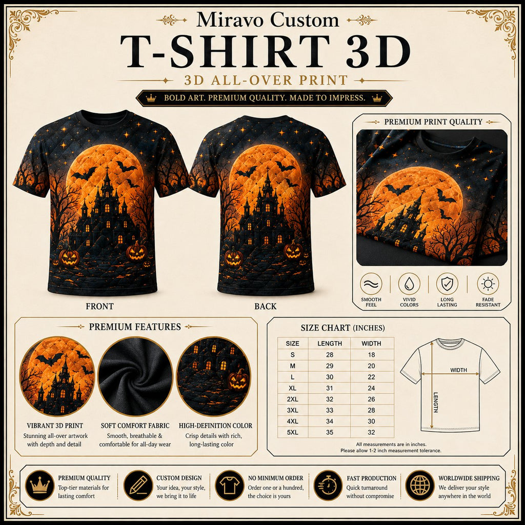 T-Shirt size chart and print detail