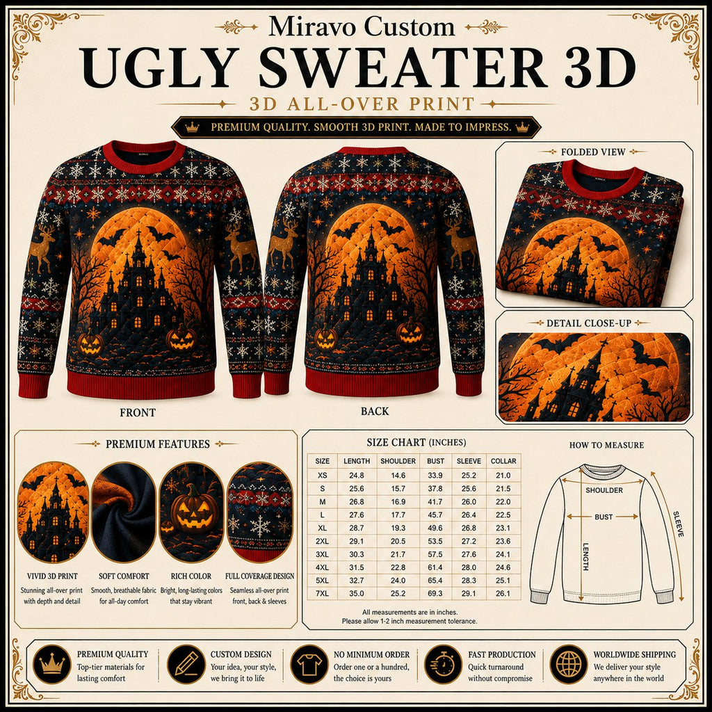 Ugly Sweater size chart and print detail
