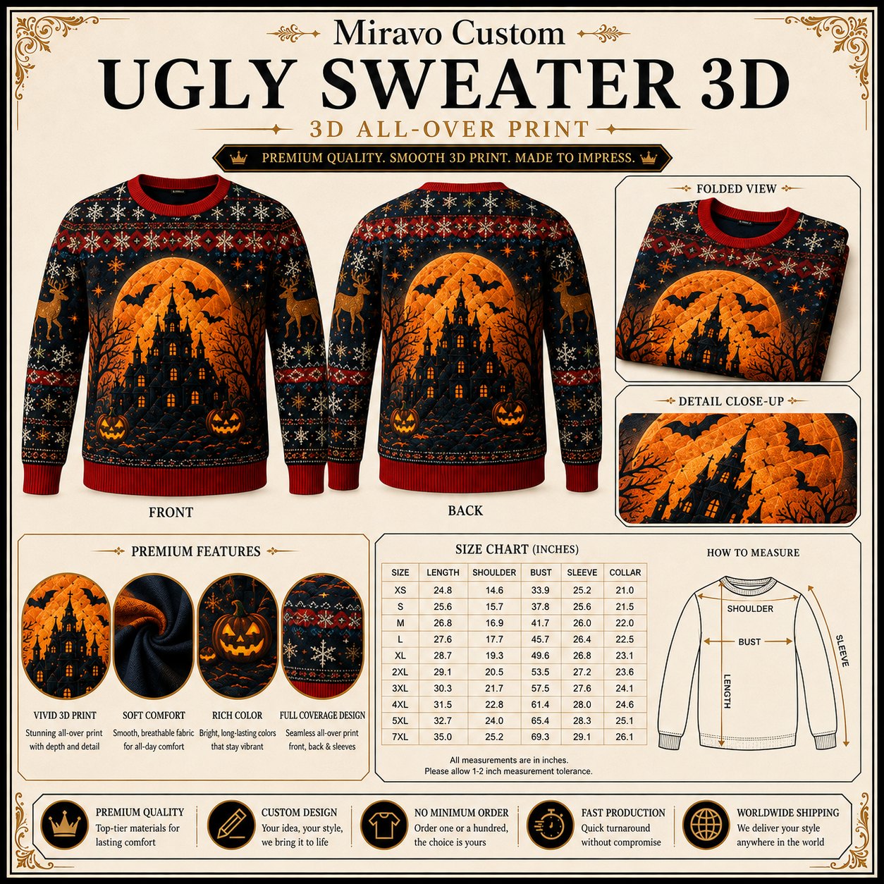 Ugly Sweater size chart and print detail