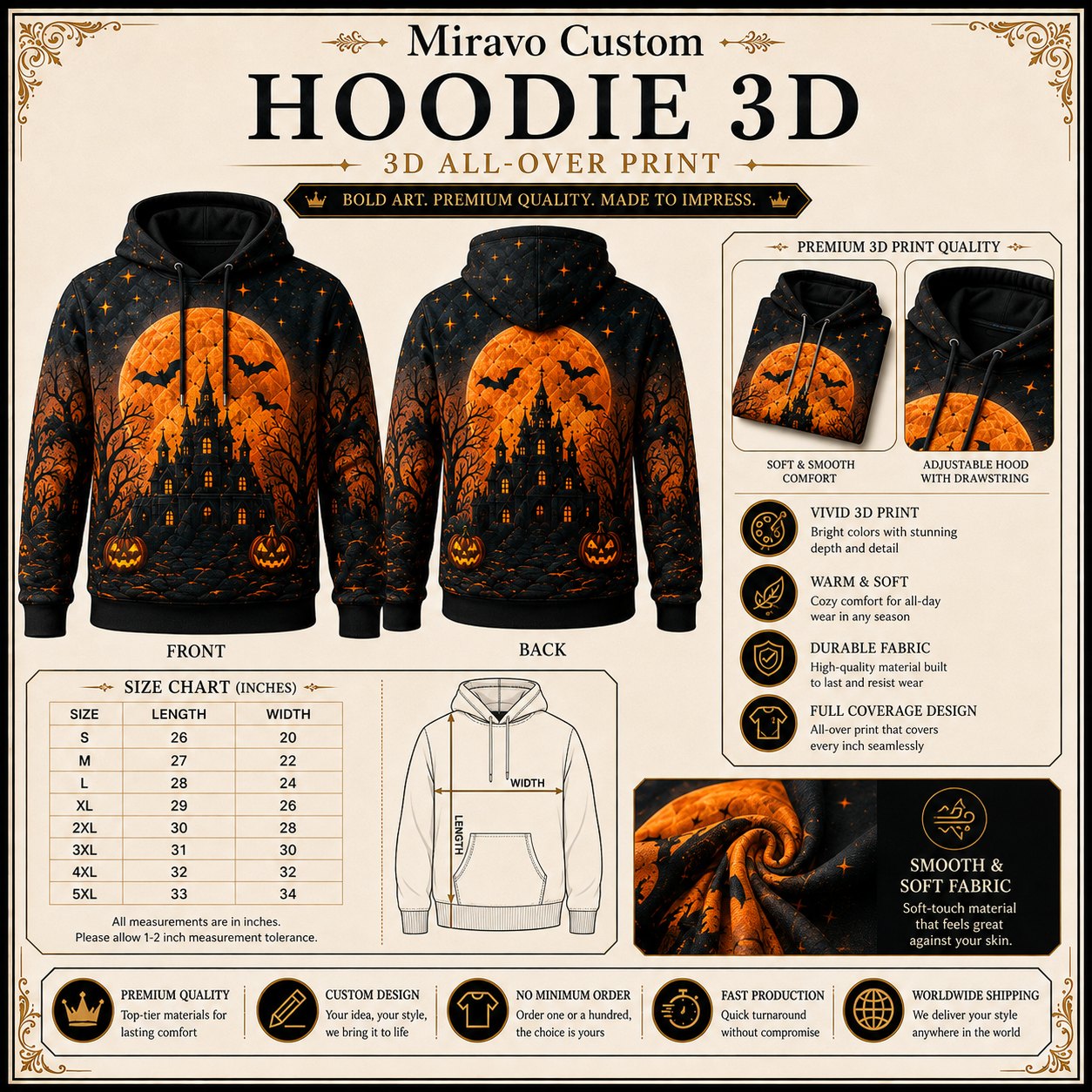 Hoodie size chart and print detail