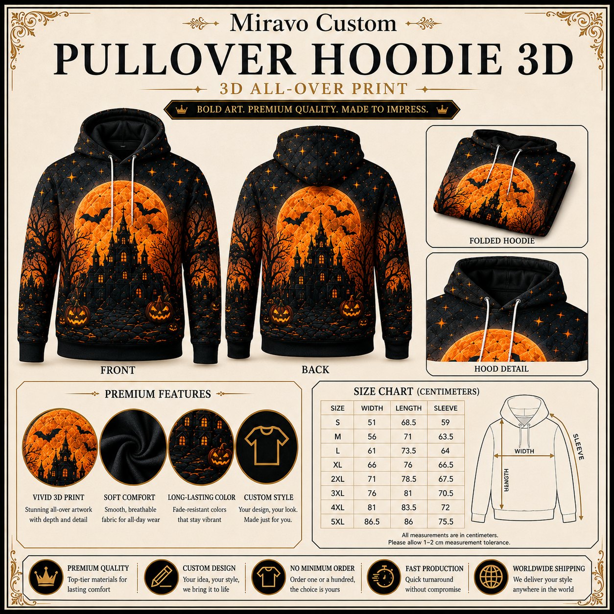 Pullover Hoodie size chart and print detail