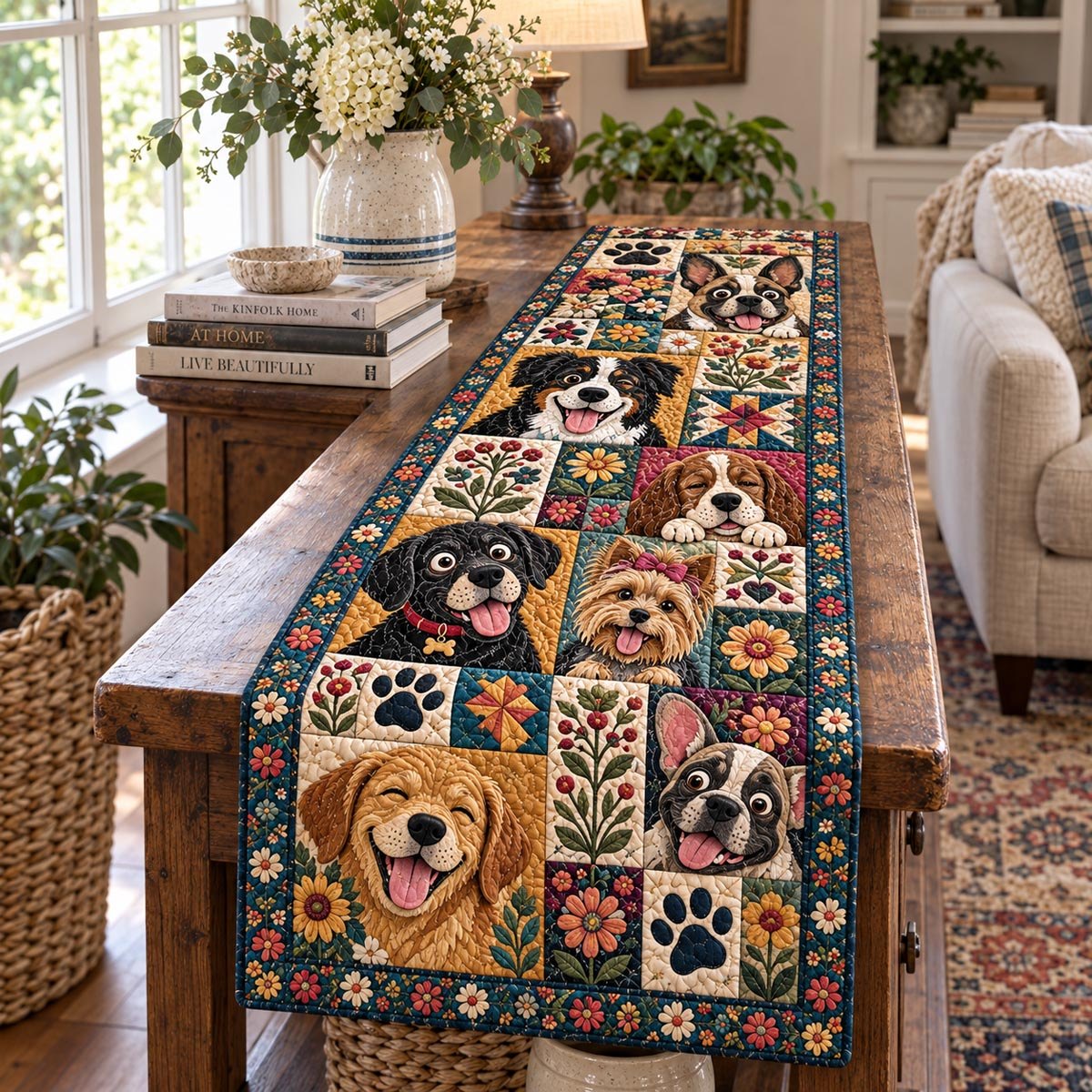 Cheerful Dog Faces Table Runner