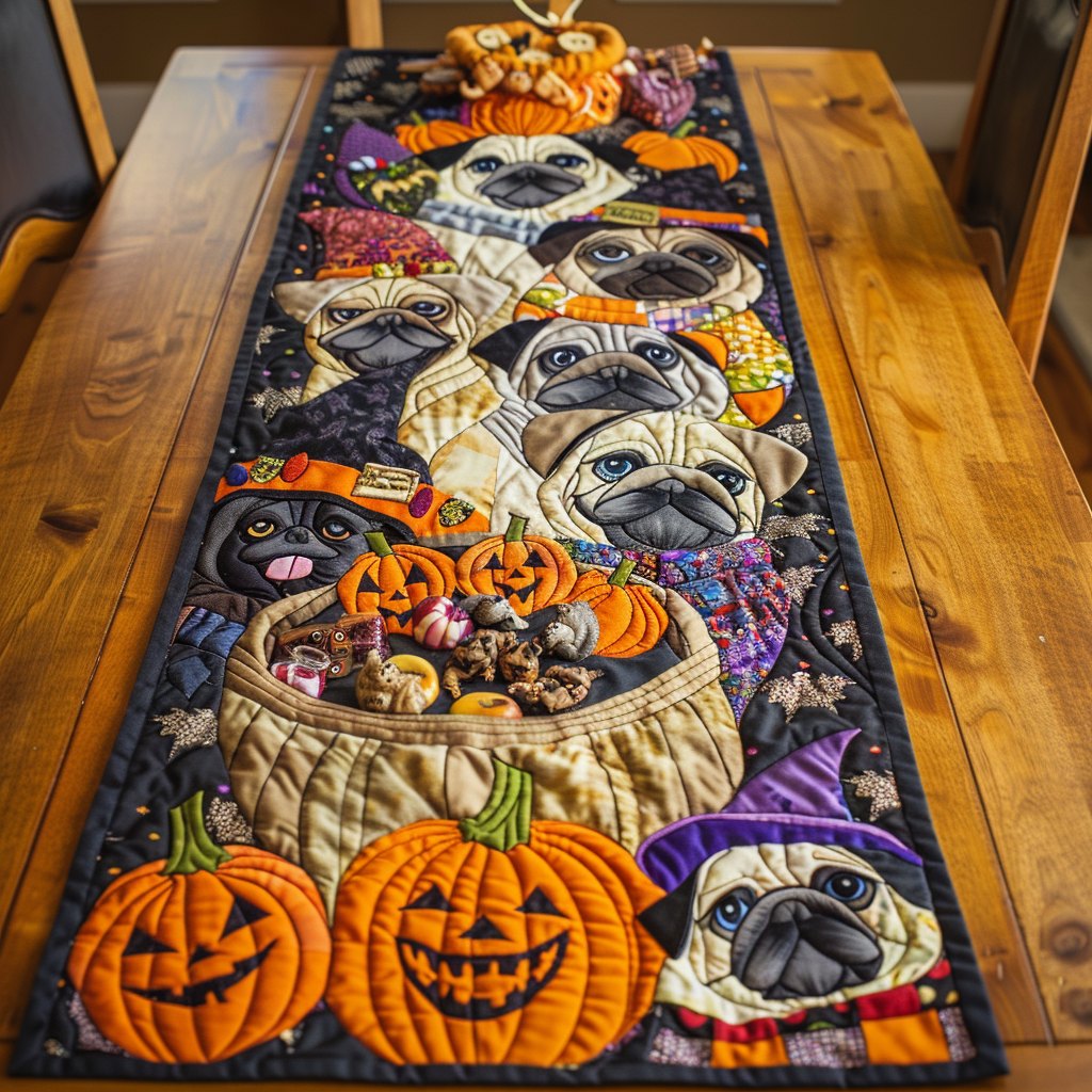 Cheerful Pugs Table Runner
