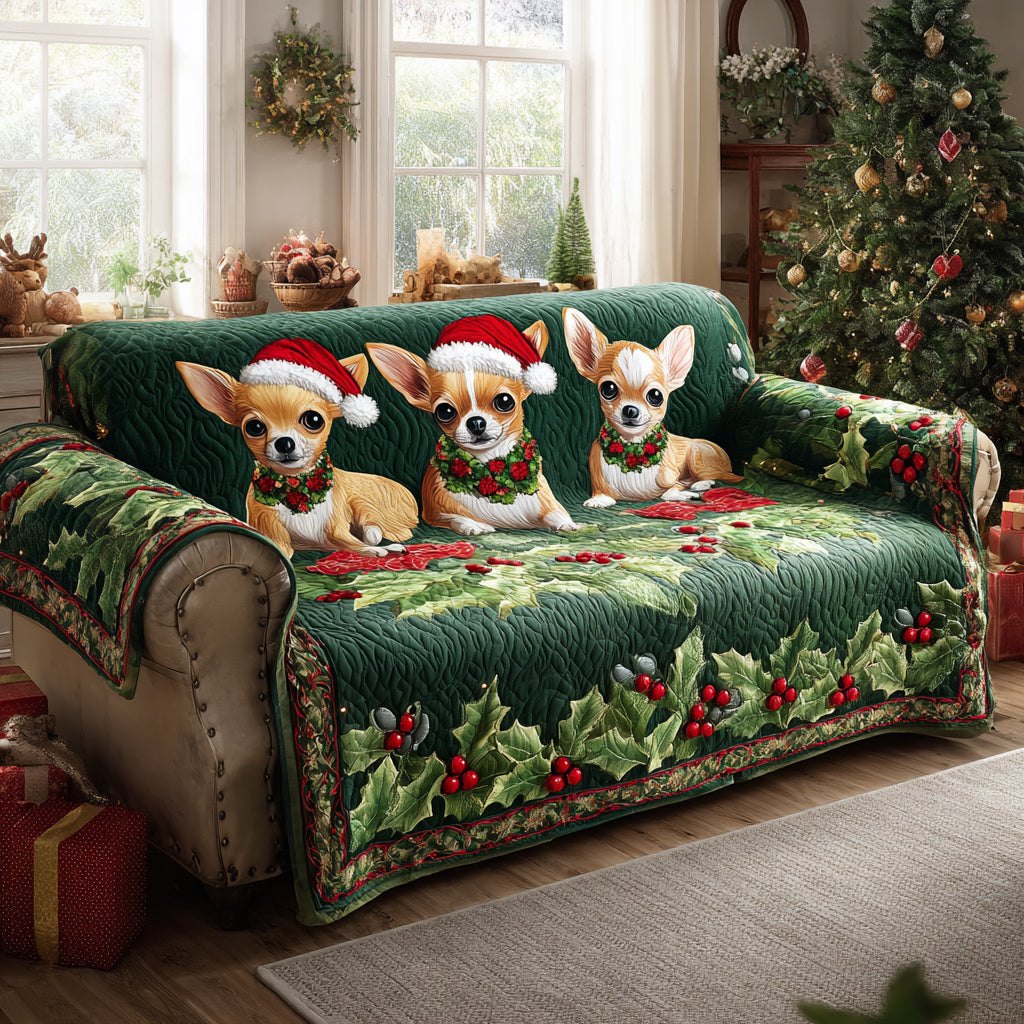 Three Santa Hat Chihuahuas on Holly Green Sofa Cover