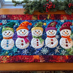 Row of Snowmen on Blue Table Runner
