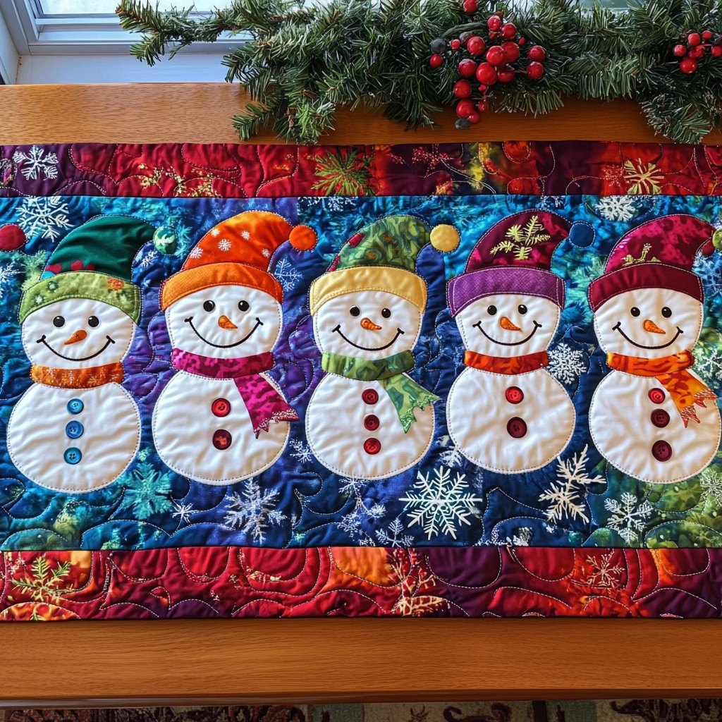 Row of Snowmen on Blue Table Runner