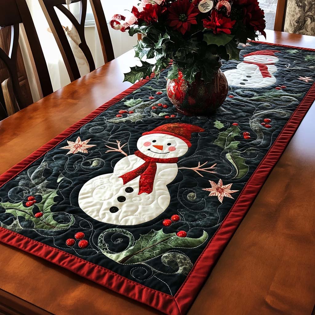 Snowman with Red Scarf on Black Table Runner
