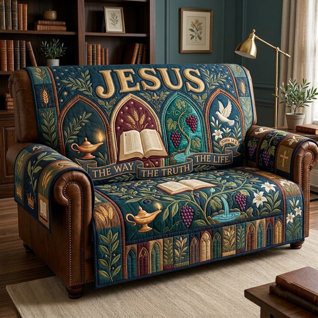 Teal Gothic Window Jesus The Way Sofa Cover