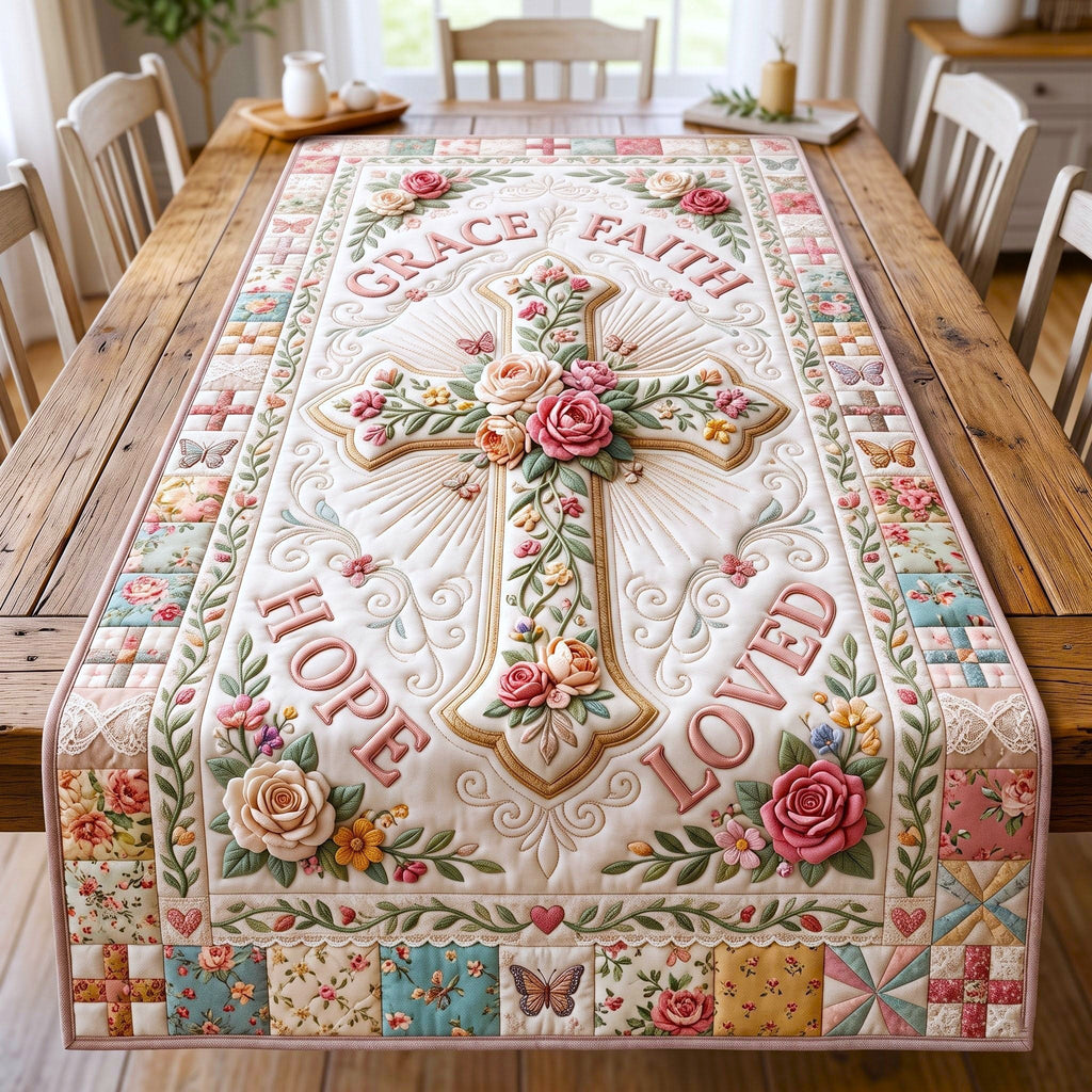 Rose Cross Grace Faith Hope Table Runner