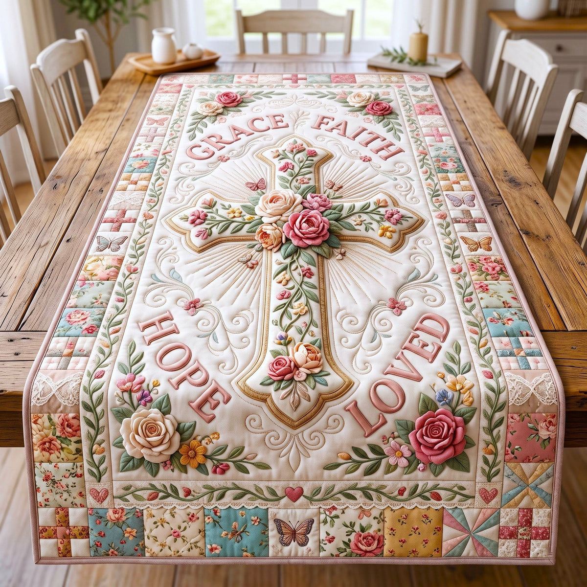 Rose Cross Grace Faith Hope Table Runner