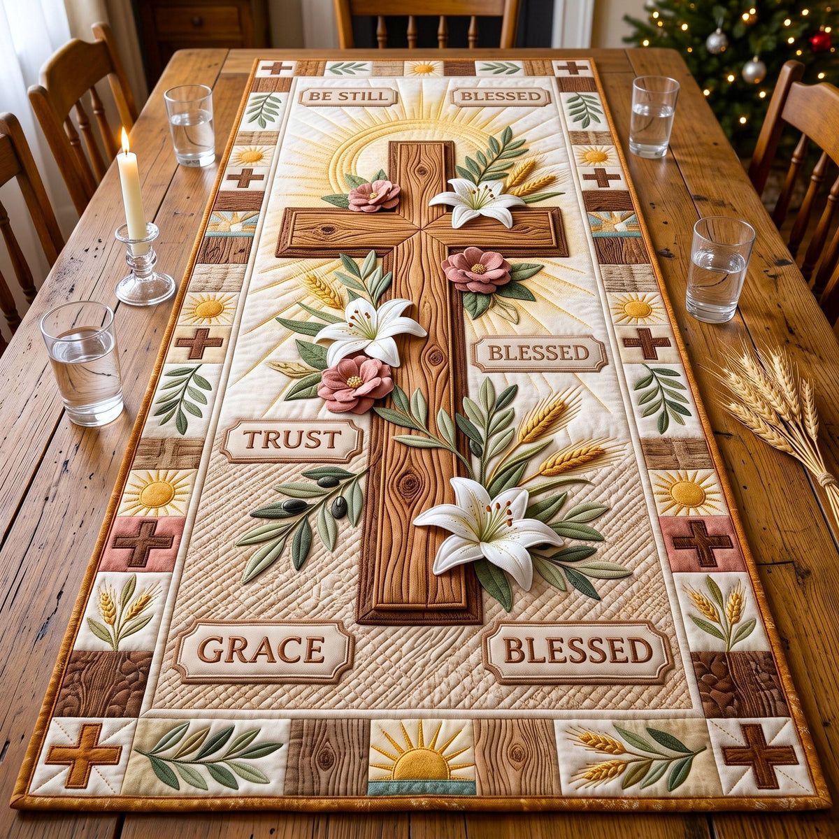 Wooden Cross Trust Blessed Table Runner