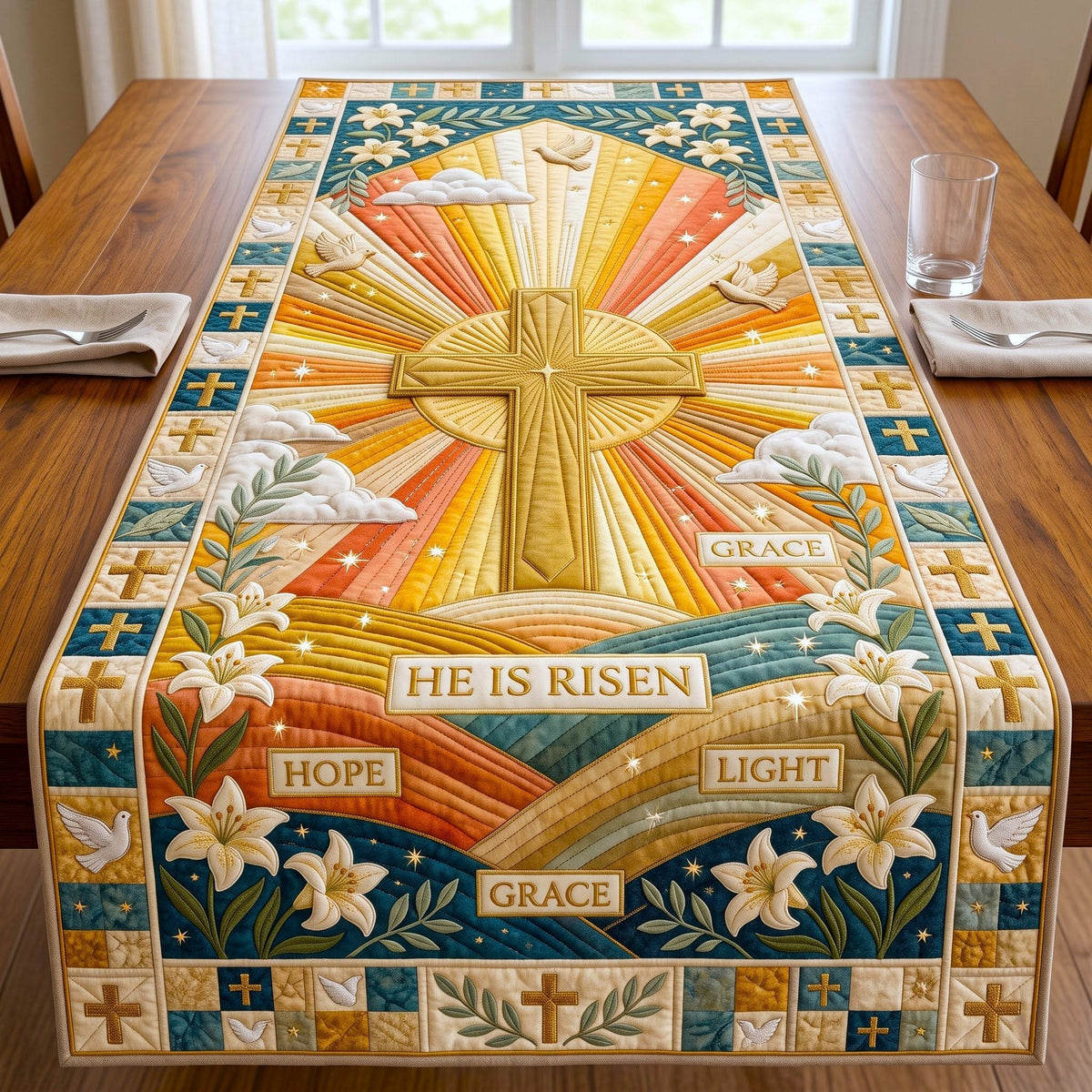 He Is Risen Sunburst Cross Table Runner
