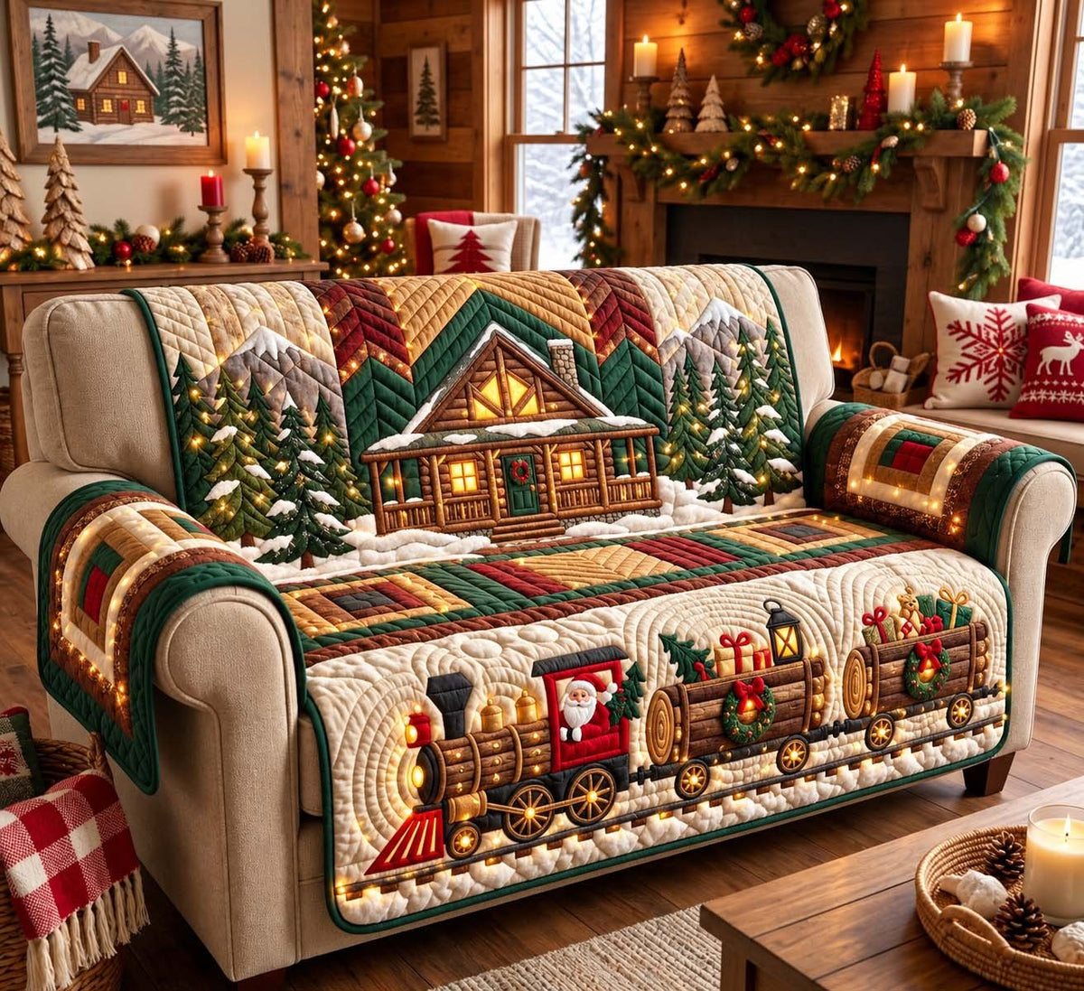 Christmas Cabin Railway Sofa Cover