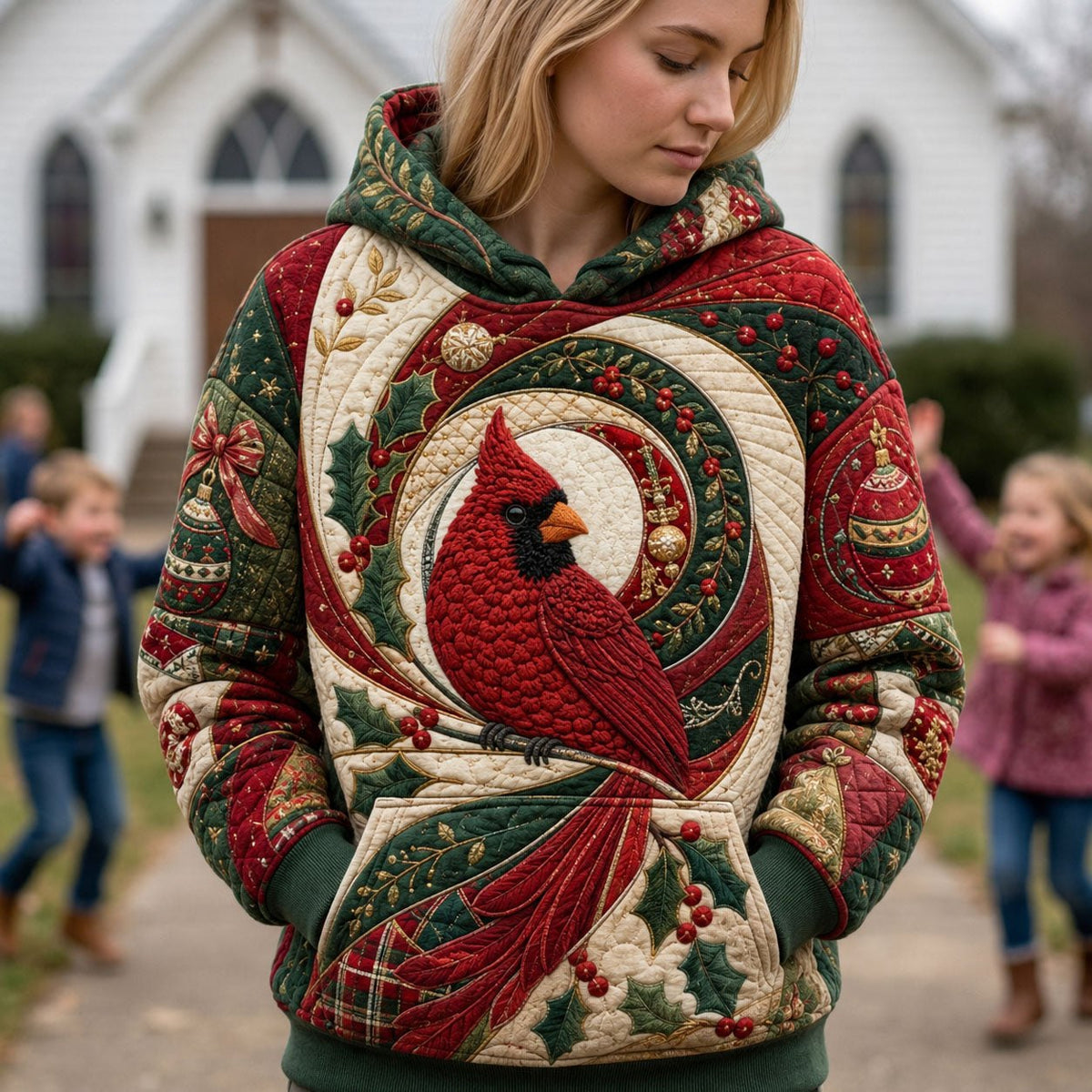 Christmas Cardinal Swirl hoodie, all-over print