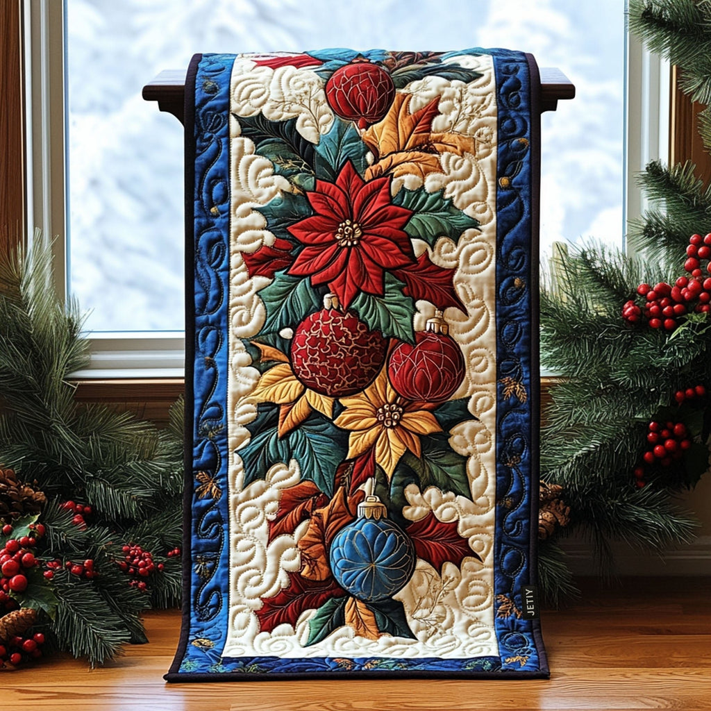 Poinsettias and Ornaments on Cream Table Runner