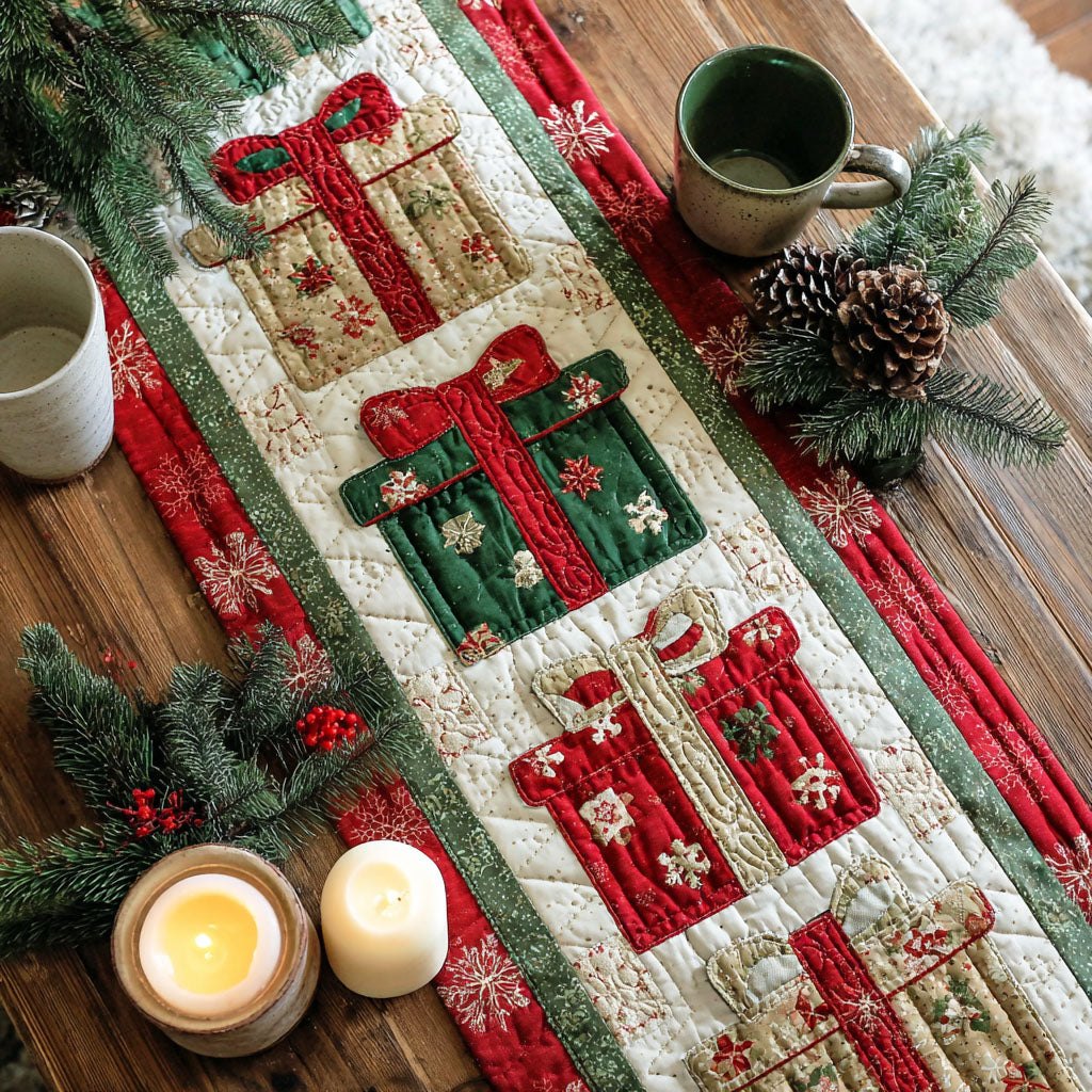 Red Gift Boxes with Green Ribbon Table Runner