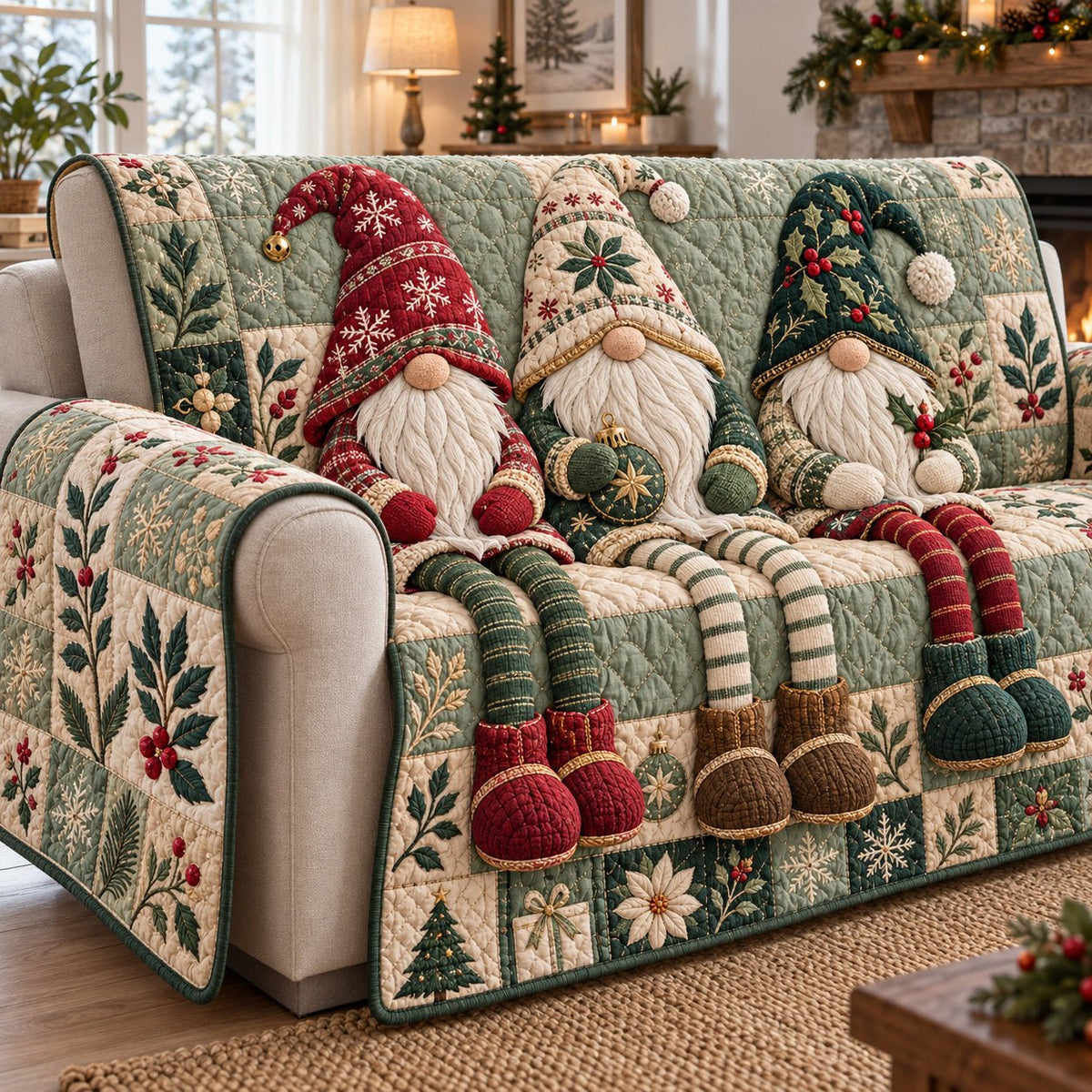 Christmas Gnomes Cheering Sofa Cover