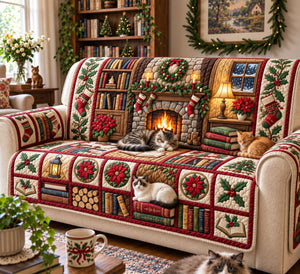 Fireside Bookshelf Cats Christmas Sofa Cover - Made to Order