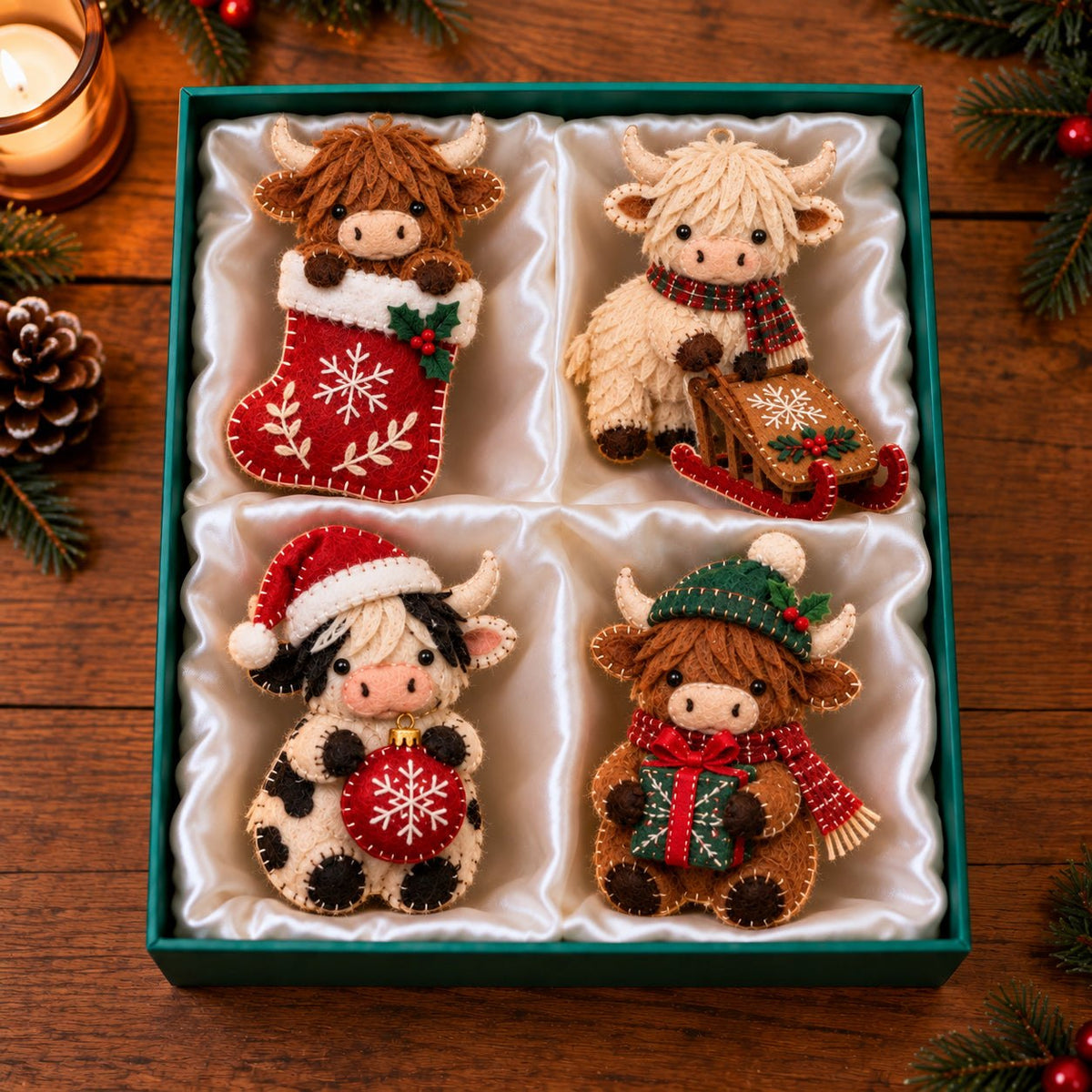 Stocking Sled Christmas Highland Cow Ornament Gift Set