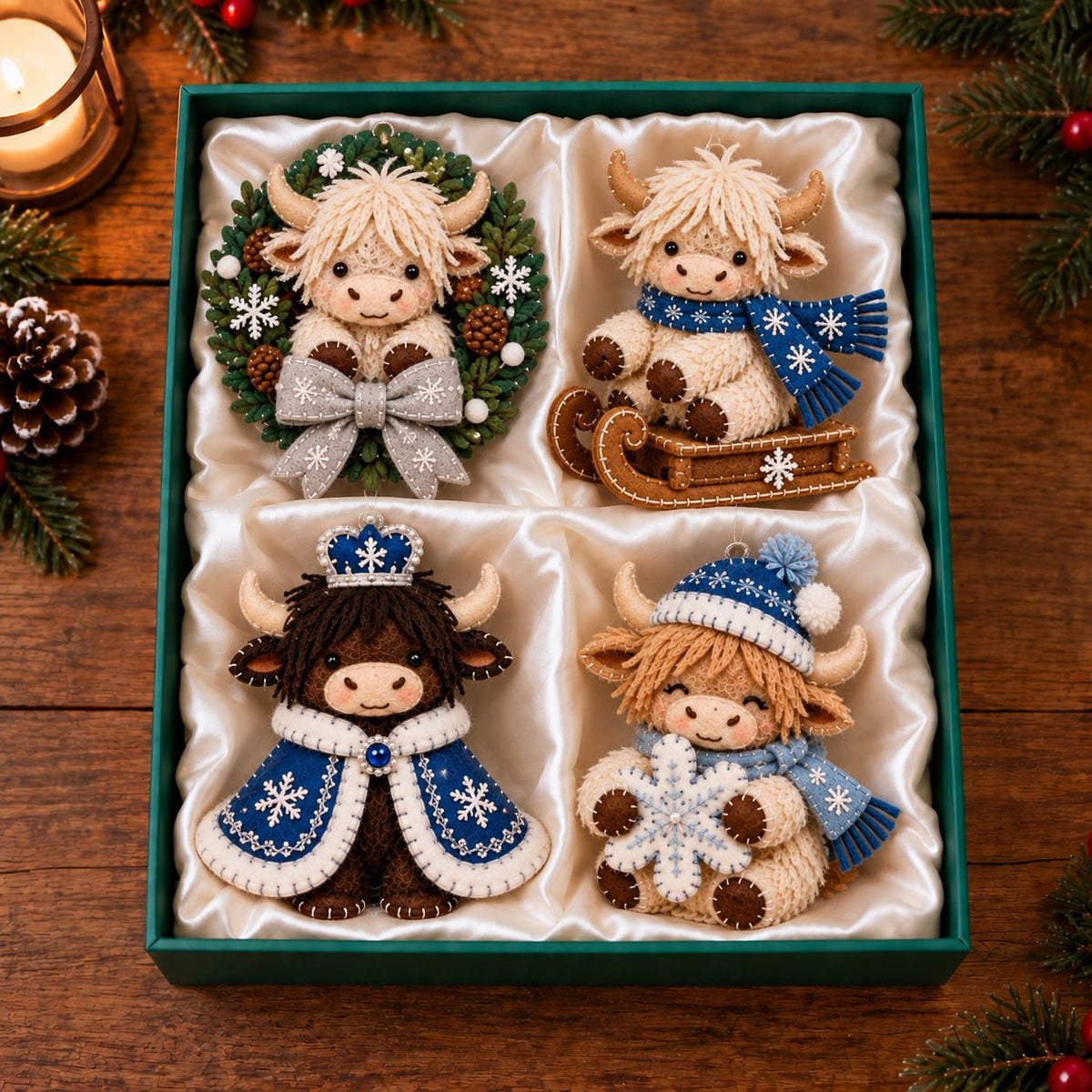 Snowflake Cape Christmas Highland Cow Ornament Gift Set