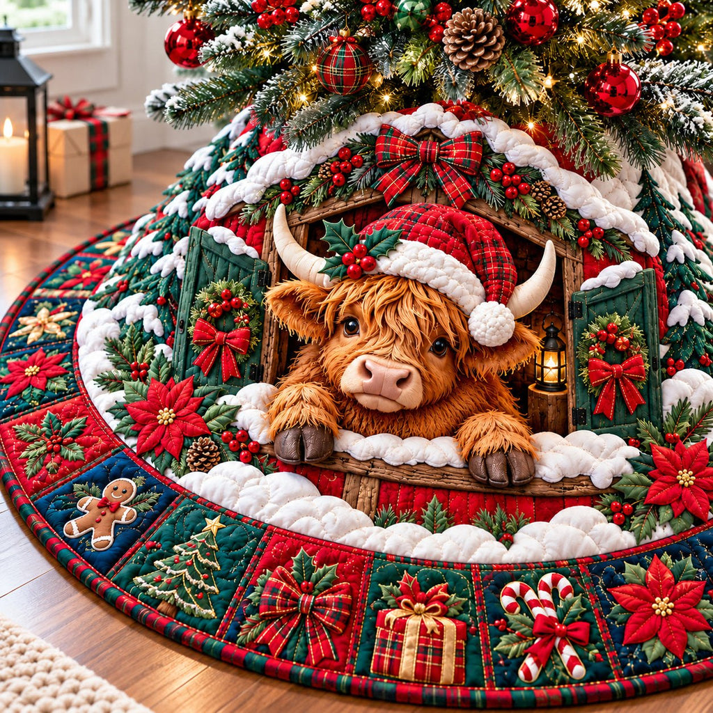 Christmas Highland Cow Village Christmas Tree Skirt